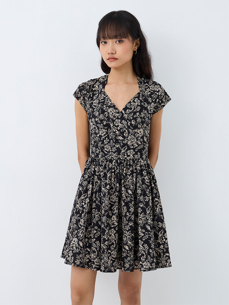 Bombay Paisley Black Floral Printed Cotton Fit-and-Flare Mini Dress