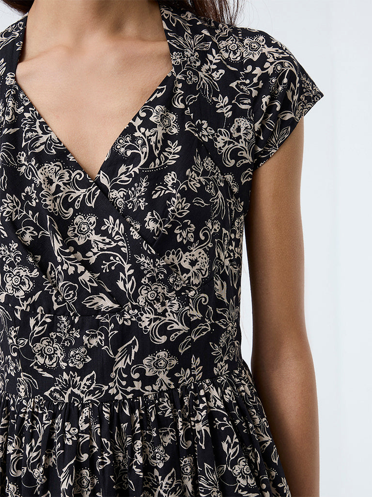Bombay Paisley Black Floral Printed Cotton Fit-and-Flare Mini Dress