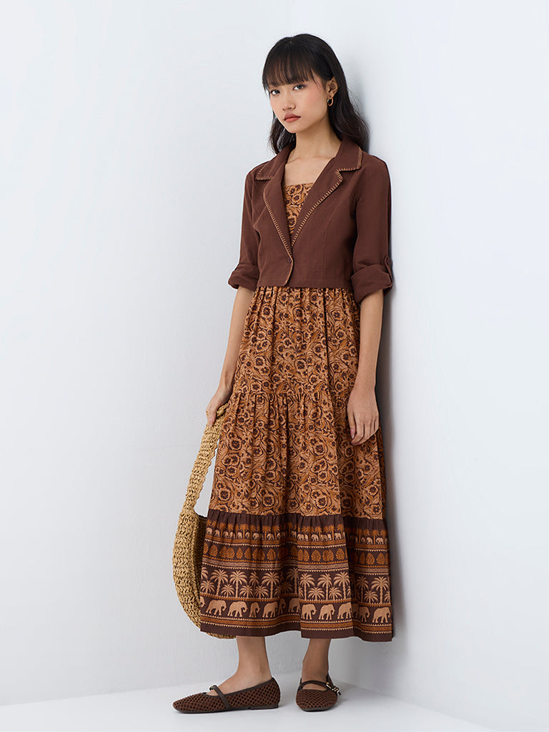 Bombay Paisley Brown Floral Design Cotton Tiered Dress with Jacket