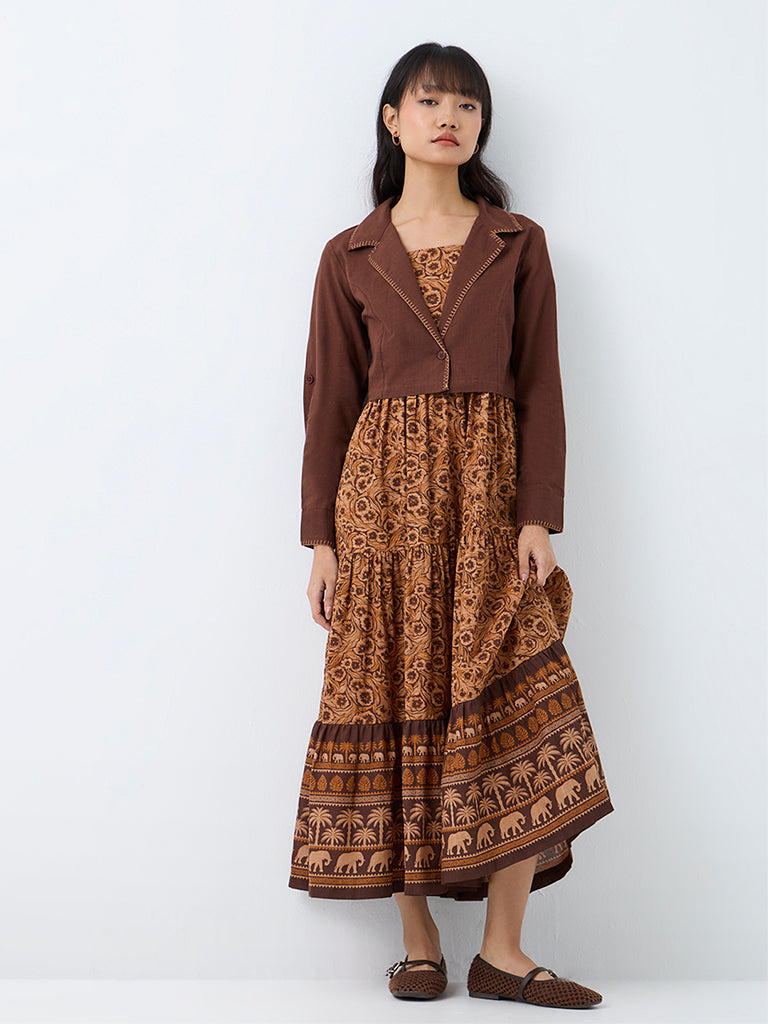 Bombay Paisley Brown Floral Design Cotton Tiered Dress with Jacket