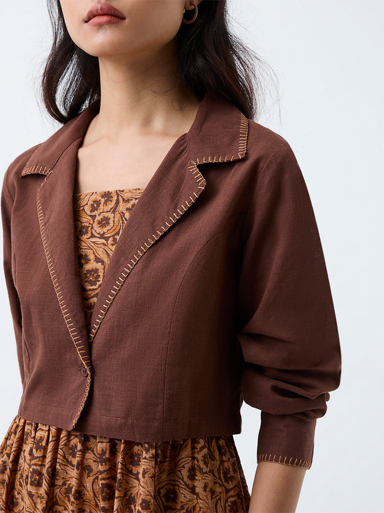 Bombay Paisley Brown Floral Design Cotton Tiered Dress with Jacket