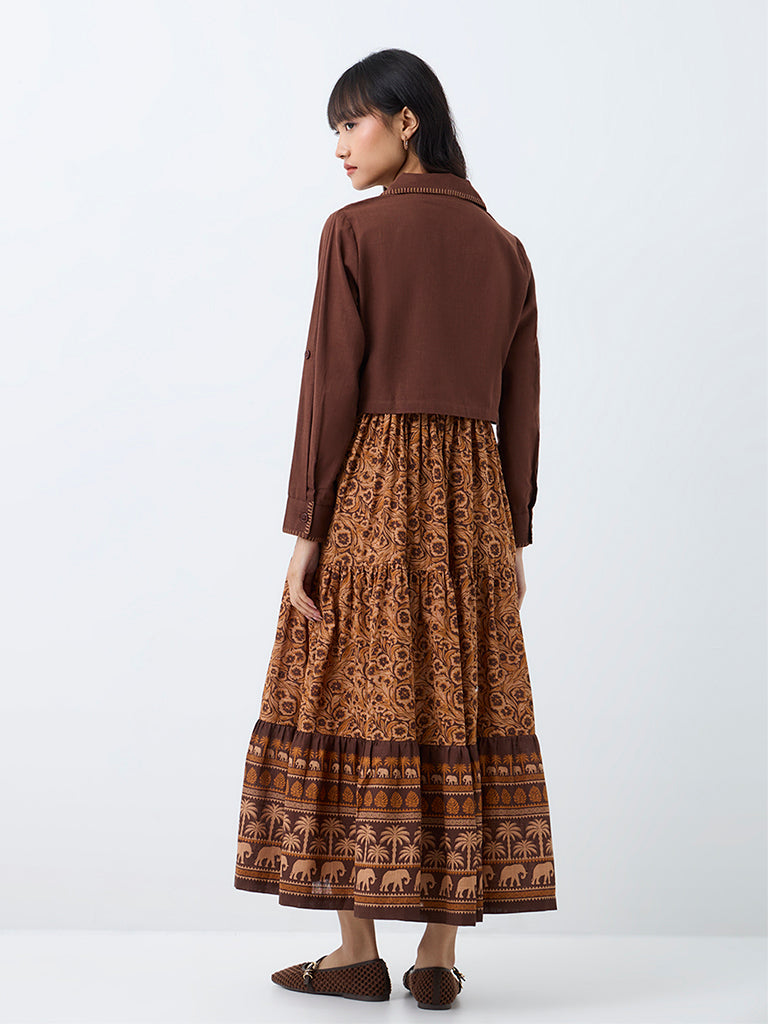Bombay Paisley Brown Floral Design Cotton Tiered Dress with Jacket