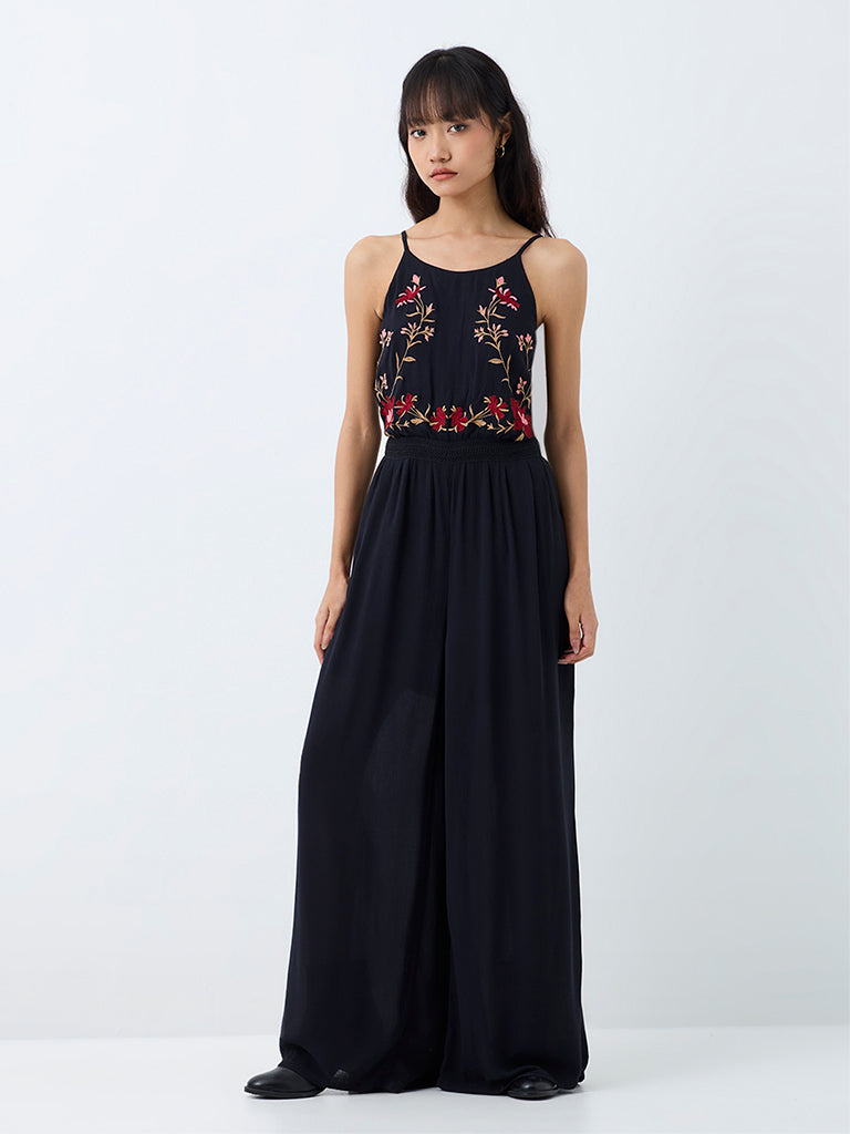 Bombay Paisley Black Floral Embroidered Jumpsuit
