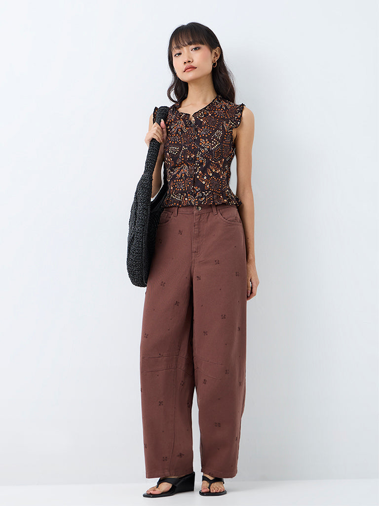 Bombay Paisley Brown Embroidered Barrel-Fit High-Rise Jeans