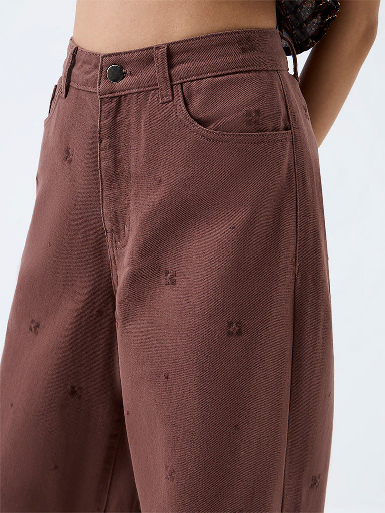 Bombay Paisley Brown Embroidered Barrel-Fit High-Rise Jeans