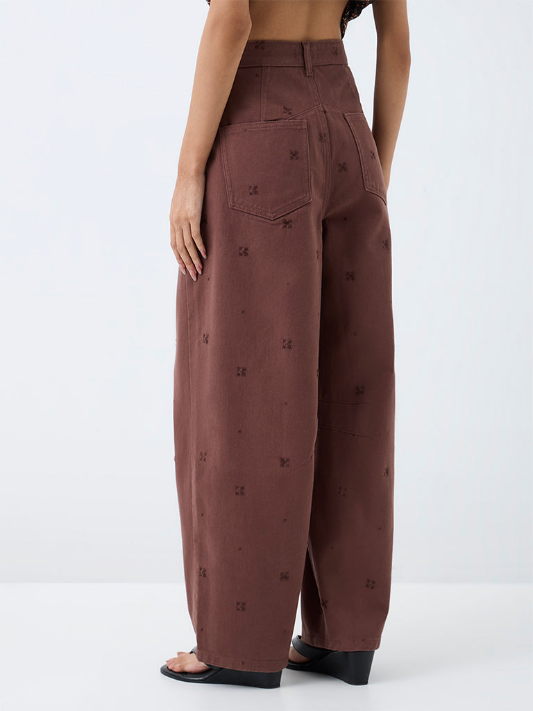 Bombay Paisley Brown Embroidered Barrel-Fit High-Rise Jeans