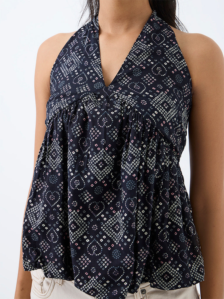 Bombay Paisley Black Printed Halter-Neck Cotton Top