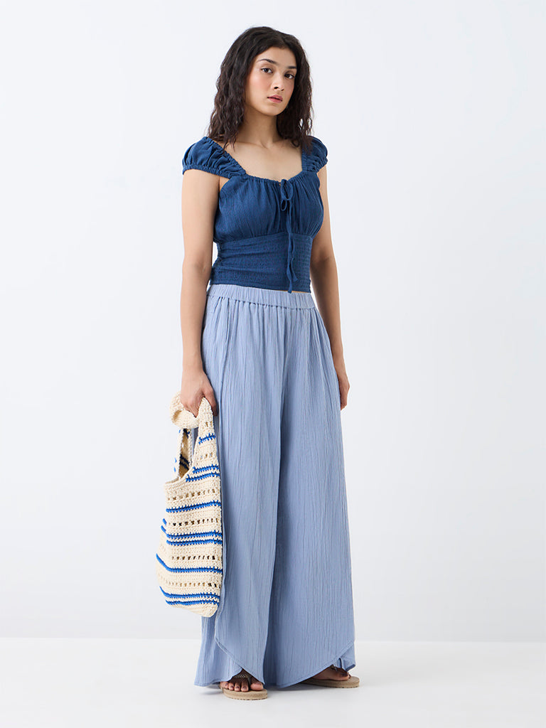 Bombay Paisley Indigo Tie-Up Detail Smocked Cotton Top