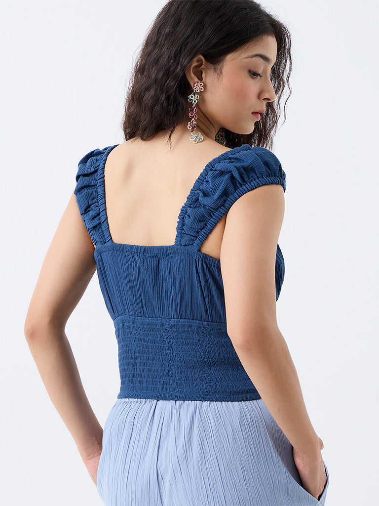 Bombay Paisley Indigo Tie-Up Detail Smocked Cotton Top