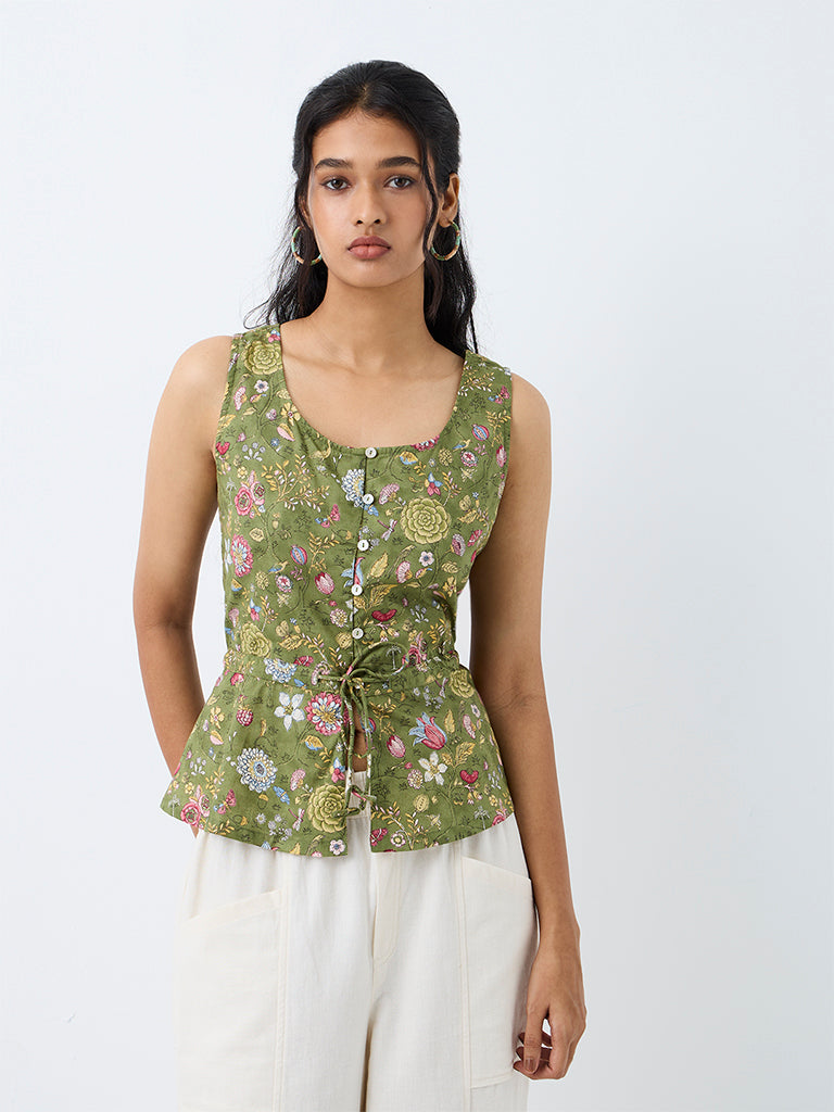 Bombay Paisley Green Floral Printed Tie-Up Cotton Top