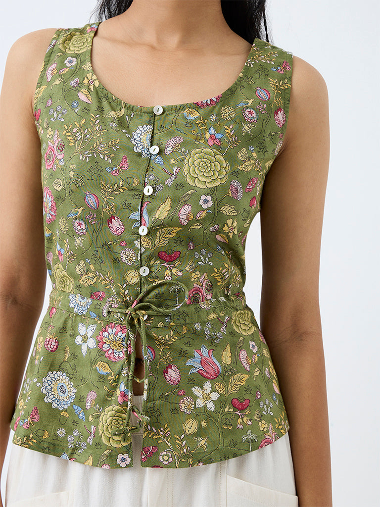 Bombay Paisley Green Floral Printed Tie-Up Cotton Top