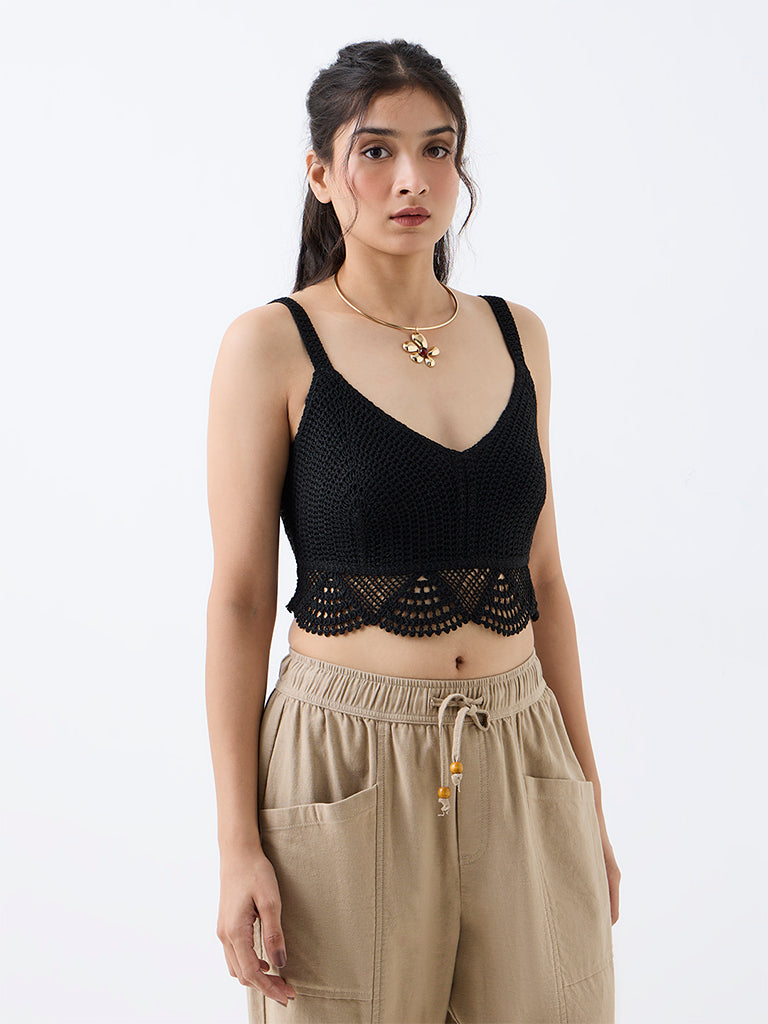 Bombay Paisley Black Crochet Cotton Top