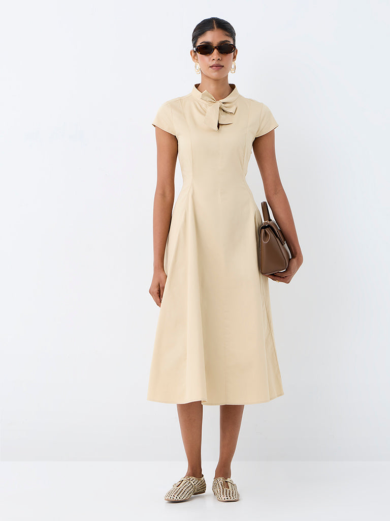 Wardrobe Light Beige Fit-and-Flare Cotton Midi Dress