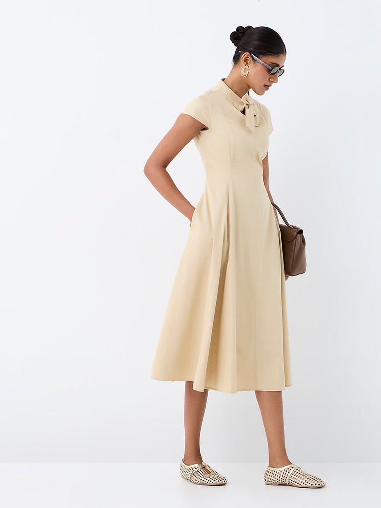 Wardrobe Light Beige Fit-and-Flare Cotton Midi Dress