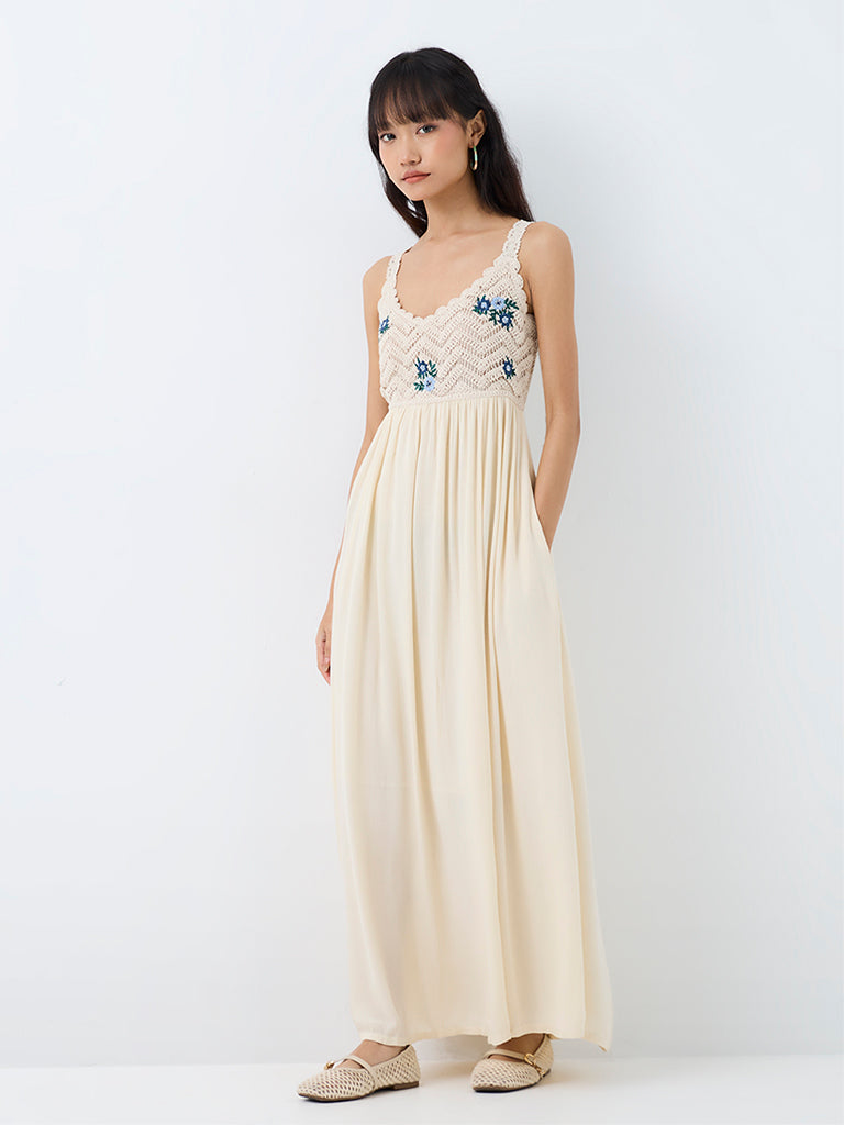 Bombay Paisley Off-White Crochet Embroidered Empire-Line Cotton-Blend Maxi Dress