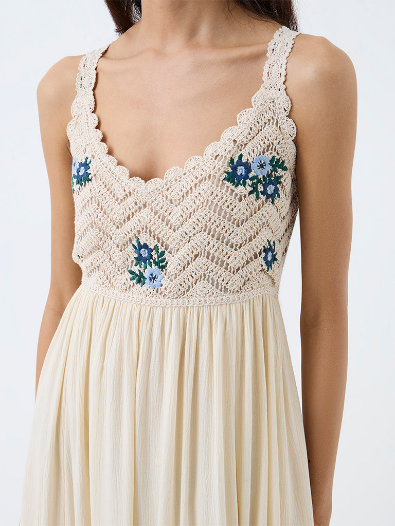 Bombay Paisley Off-White Crochet Embroidered Empire-Line Cotton-Blend Maxi Dress