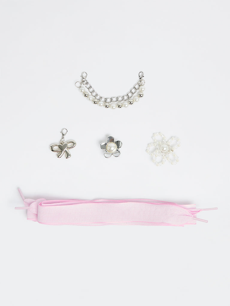 LUNA BLU Silver Floral Shoe Charms with Lace Set - Pack of 5