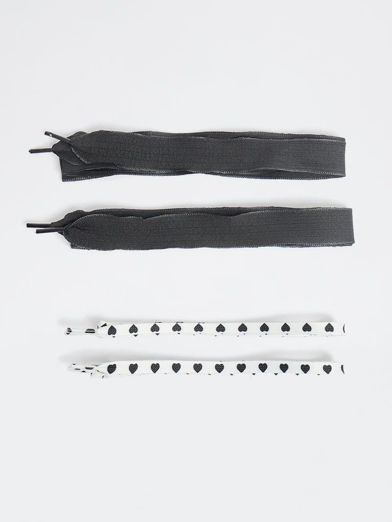 LUNA BLU Black Ribbon & White Heart-Printed Shoelaces - Pack of 2