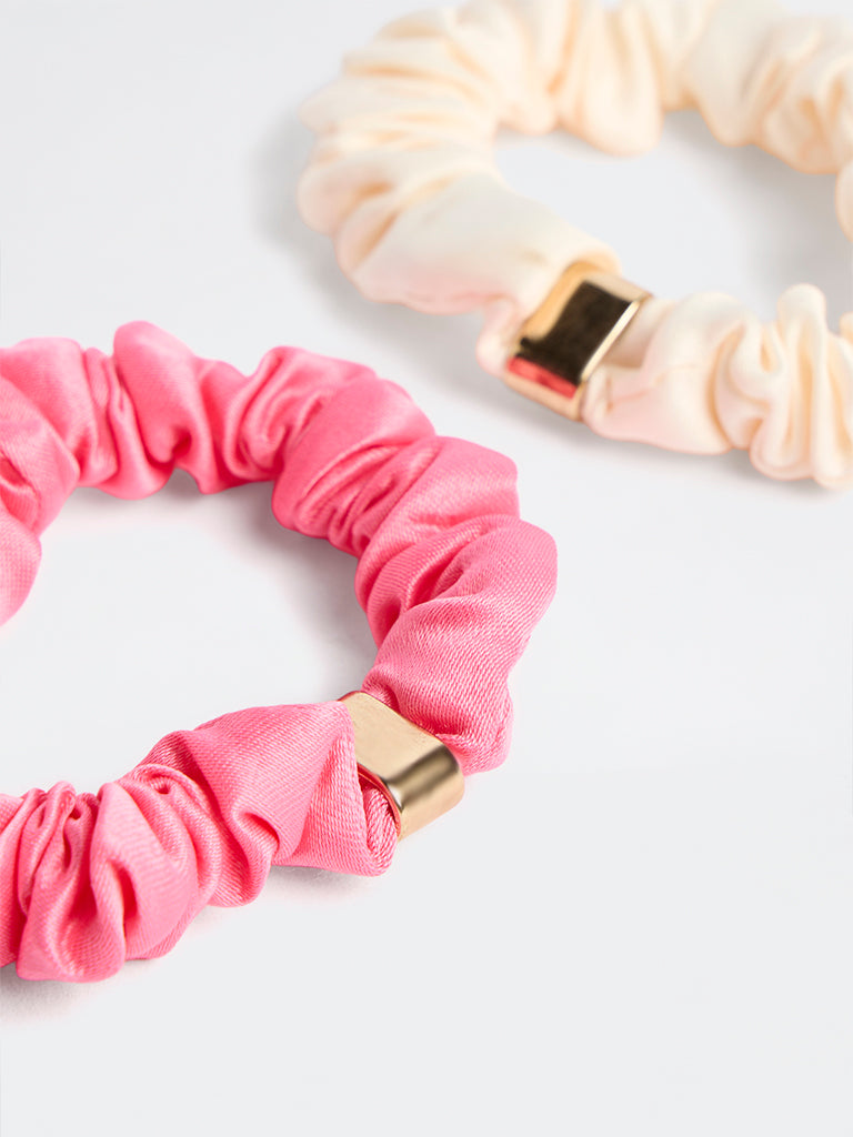 Westside Accessories Pink and Off-White Metal-Detailed Scrunchies - Pack of 2