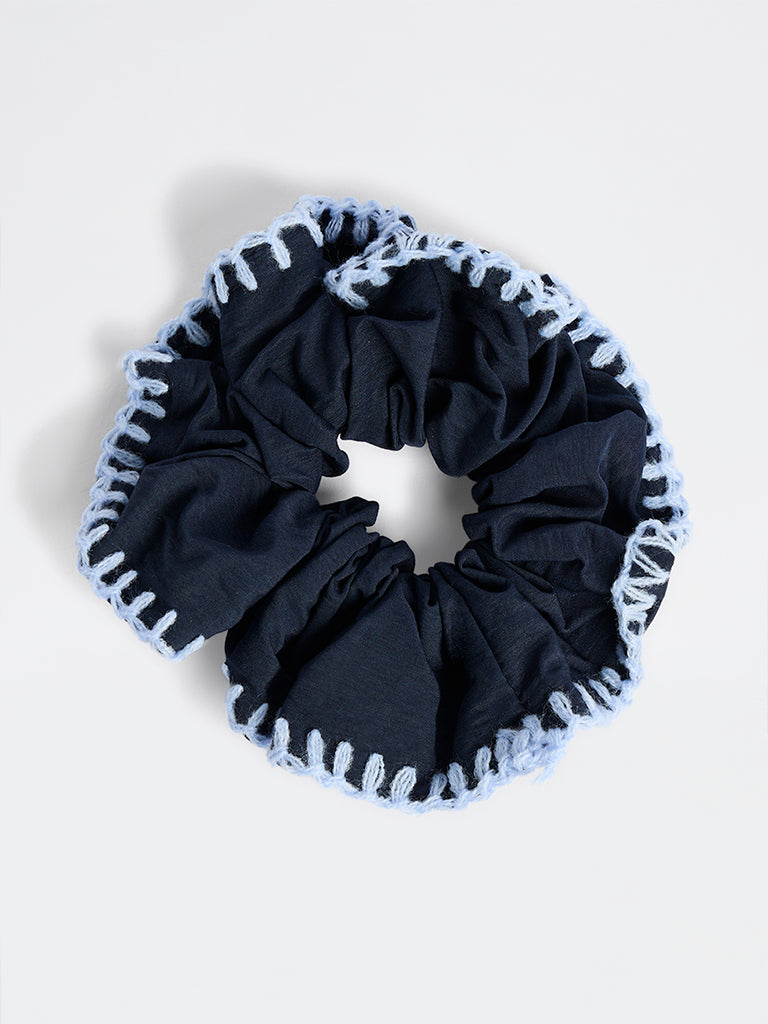 Westside Accessories Navy Contrast-Stitch Frill Scrunchie