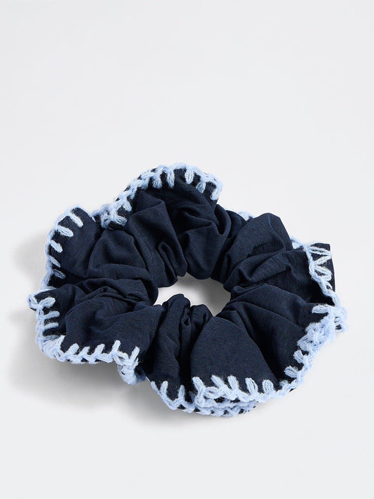 Westside Accessories Navy Contrast-Stitch Frill Scrunchie