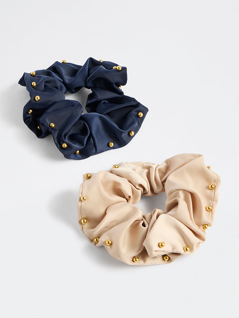 Westside Accessories Navy and Beige Beaded Satin Scrunchies - Pack of 2