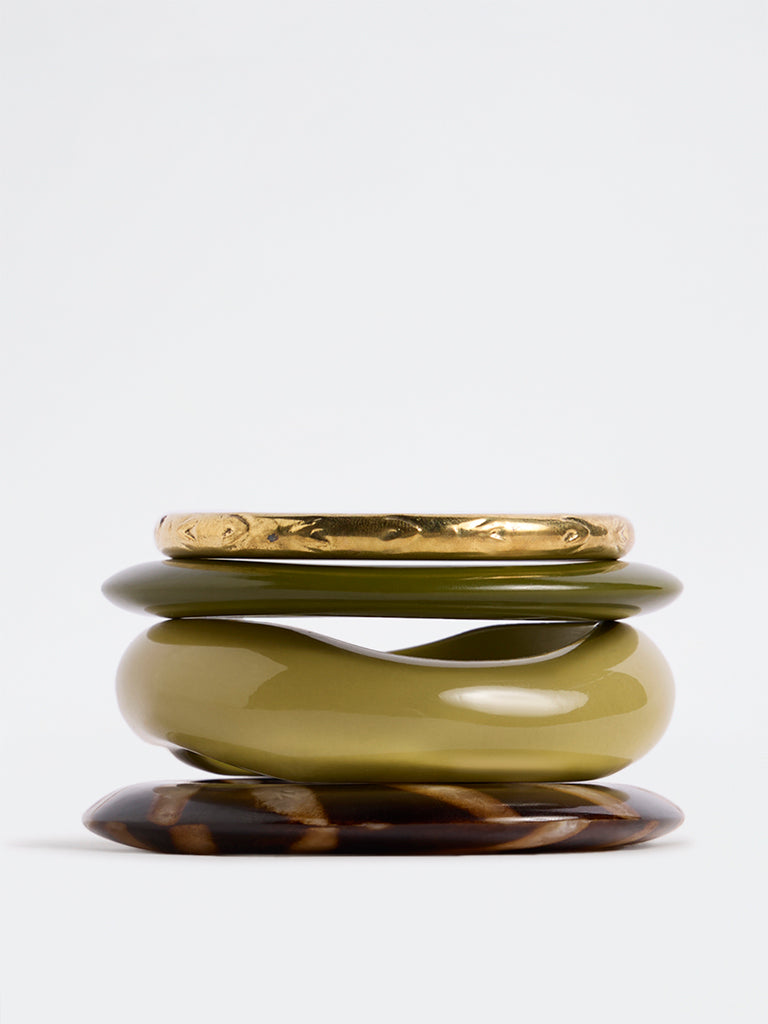 Westside Accessories Olive and Brown Multi-Design Stackable Bangles - Pack of 4