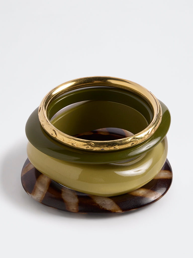 Westside Accessories Olive and Brown Multi-Design Stackable Bangles - Pack of 4