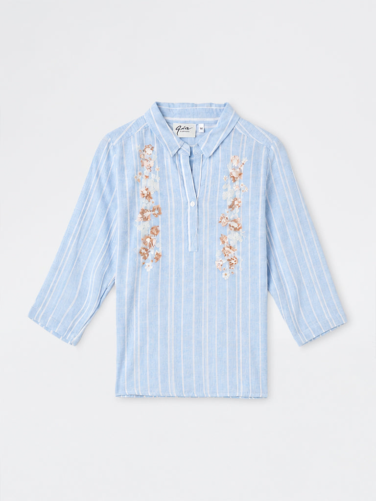 Gia Light Blue Floral Embellished Cotton-Blend Blouse