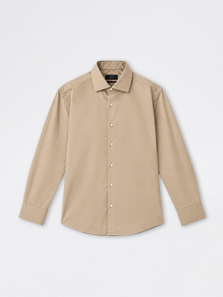 WES Formals Beige Solid Ultra-Slim Fit Cotton-Blend Shirt