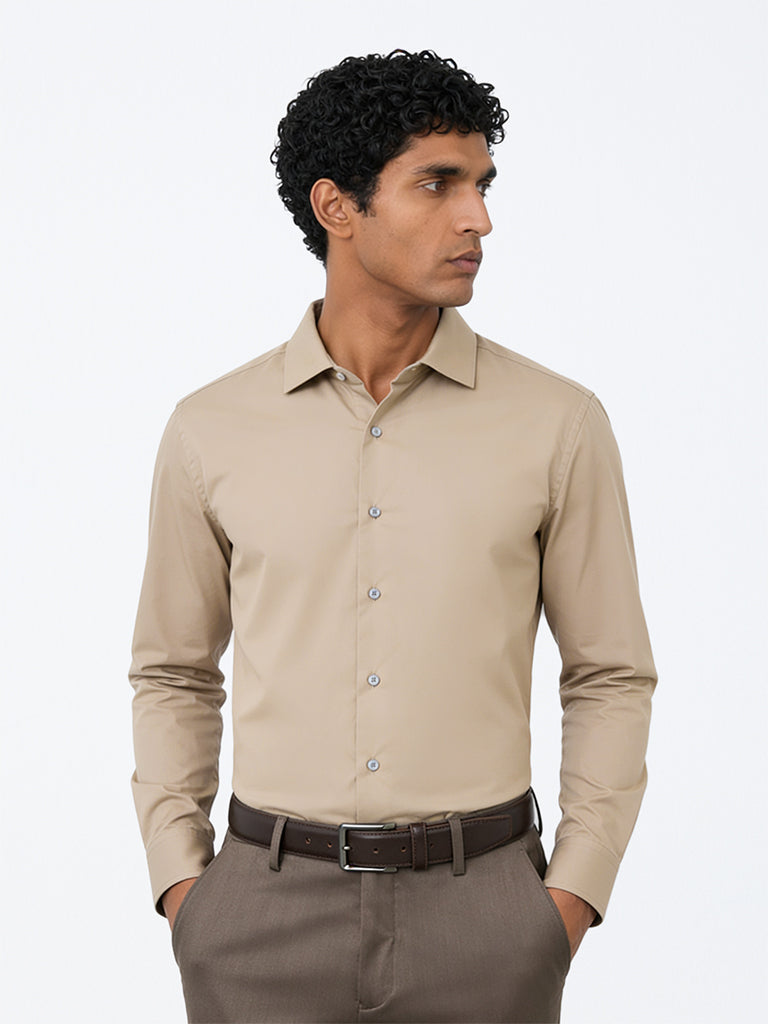 WES Formals Beige Solid Ultra-Slim Fit Cotton-Blend Shirt
