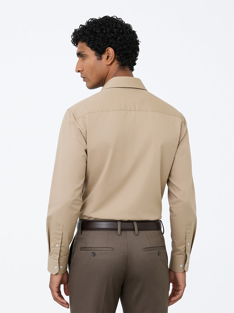 WES Formals Beige Solid Ultra-Slim Fit Cotton-Blend Shirt