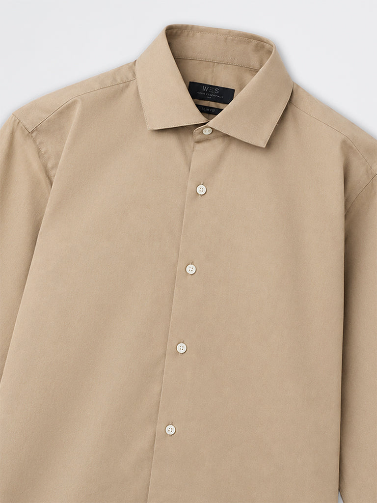 WES Formals Beige Solid Ultra-Slim Fit Cotton-Blend Shirt