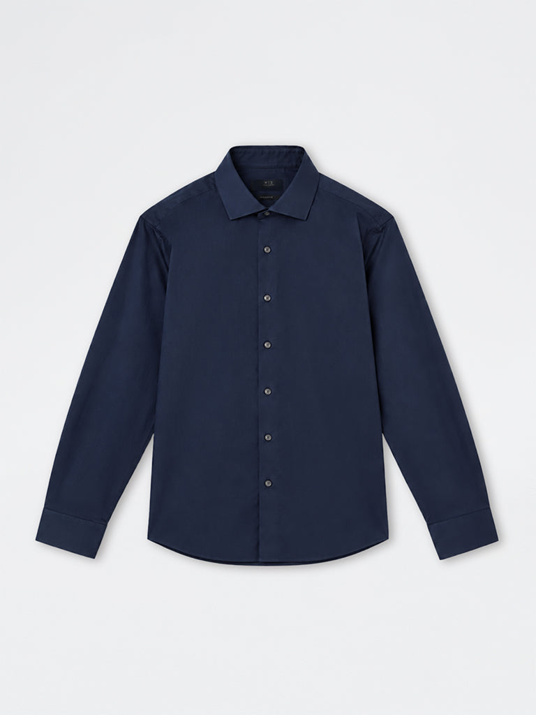 WES Formals Navy Solid Ultra Slim-Fit Cotton-Blend Shirt