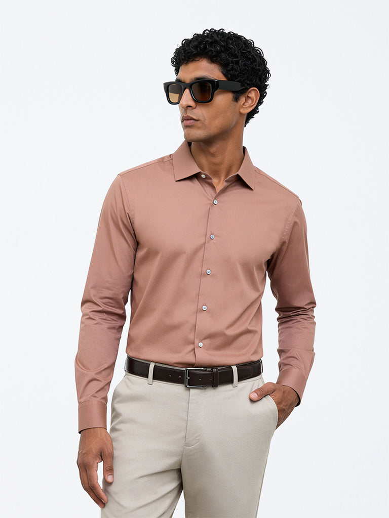 WES Formals Dusty Pink Solid Ultra-Slim Fit Cotton-Blend Shirt