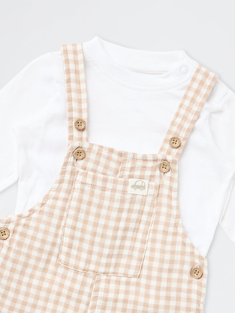 HOP Baby Boys Beige Gingham Printed Cotton Dungaree and T-Shirt Set