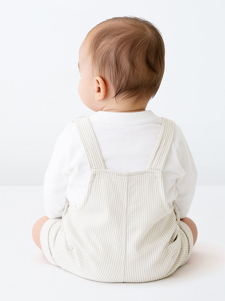 HOP Baby Boys Light Taupe Striped Cotton Dungaree and T-Shirt Set