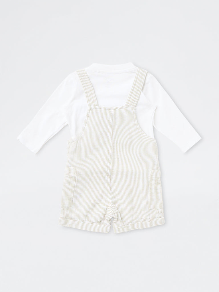 HOP Baby Boys Light Taupe Striped Cotton Dungaree and T-Shirt Set