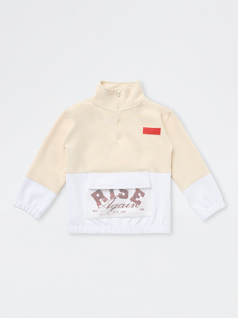 HOP Kids Boys Beige Colour-Blocked Quarter-Zip Sweatshirt