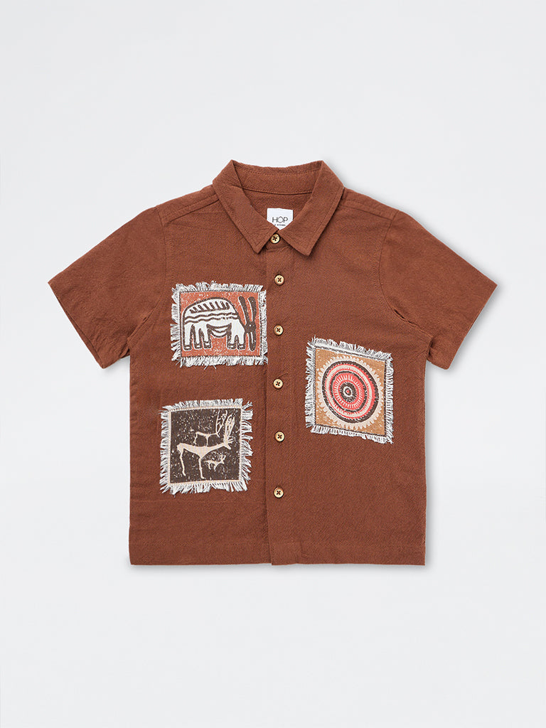 HOP Kids Boys Brown Embroidered Resort-Fit Cotton Shirt
