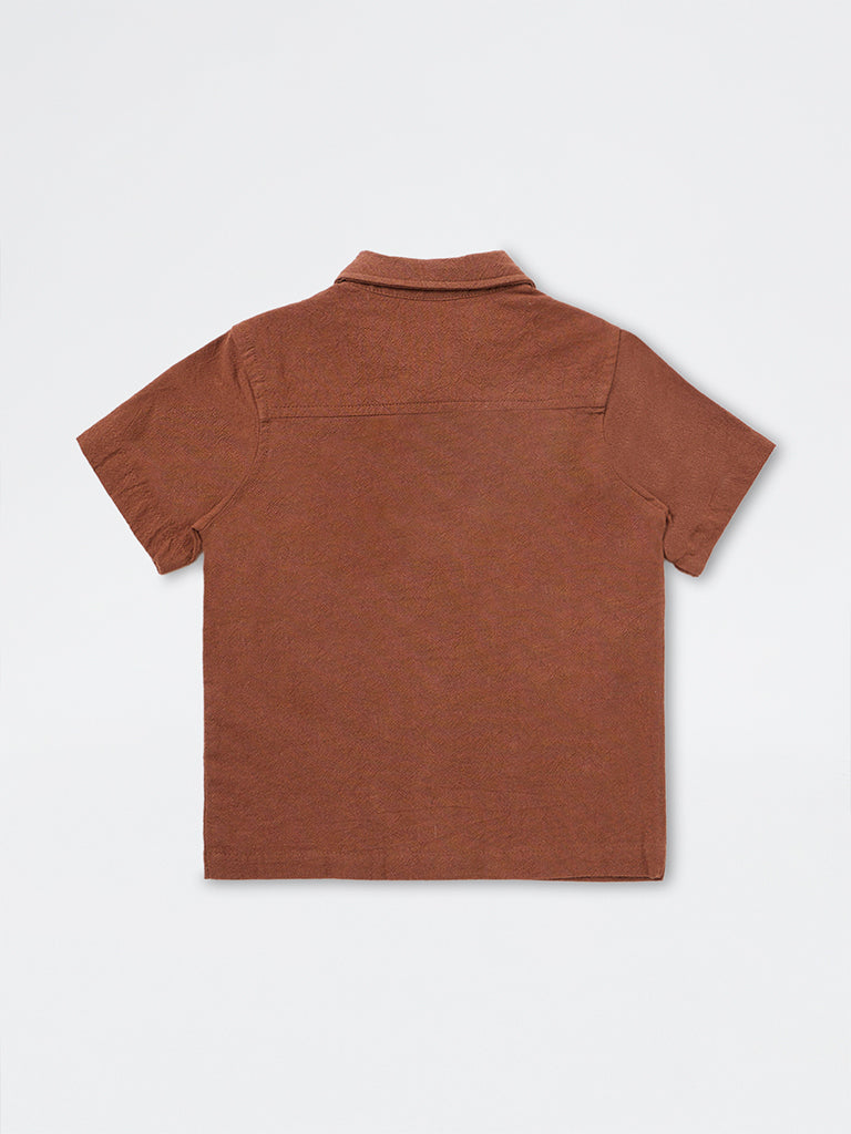 HOP Kids Boys Brown Embroidered Resort-Fit Cotton Shirt