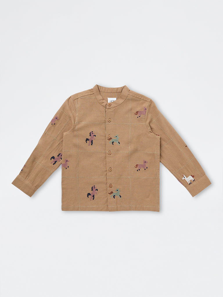 HOP Kids Boys Brown Animal Embroidered Cotton-Blend Shirt