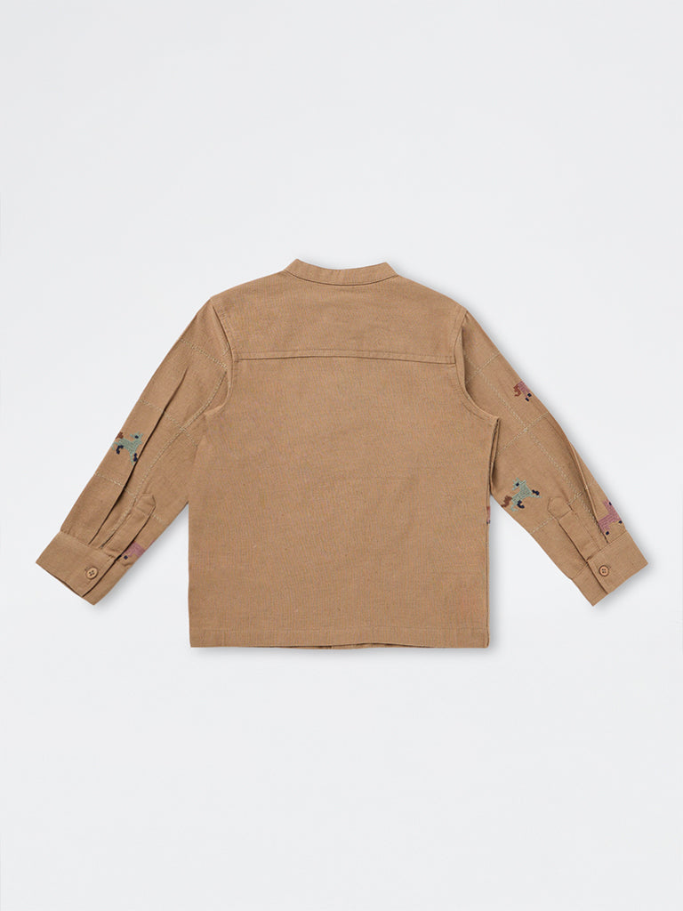 HOP Kids Boys Brown Animal Embroidered Cotton-Blend Shirt