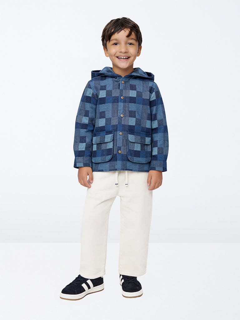 HOP Kids Boys Blue Checkered Hooded Cotton Shirt