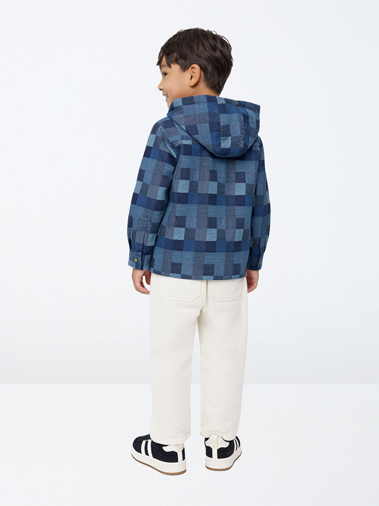 HOP Kids Boys Blue Checkered Hooded Cotton Shirt