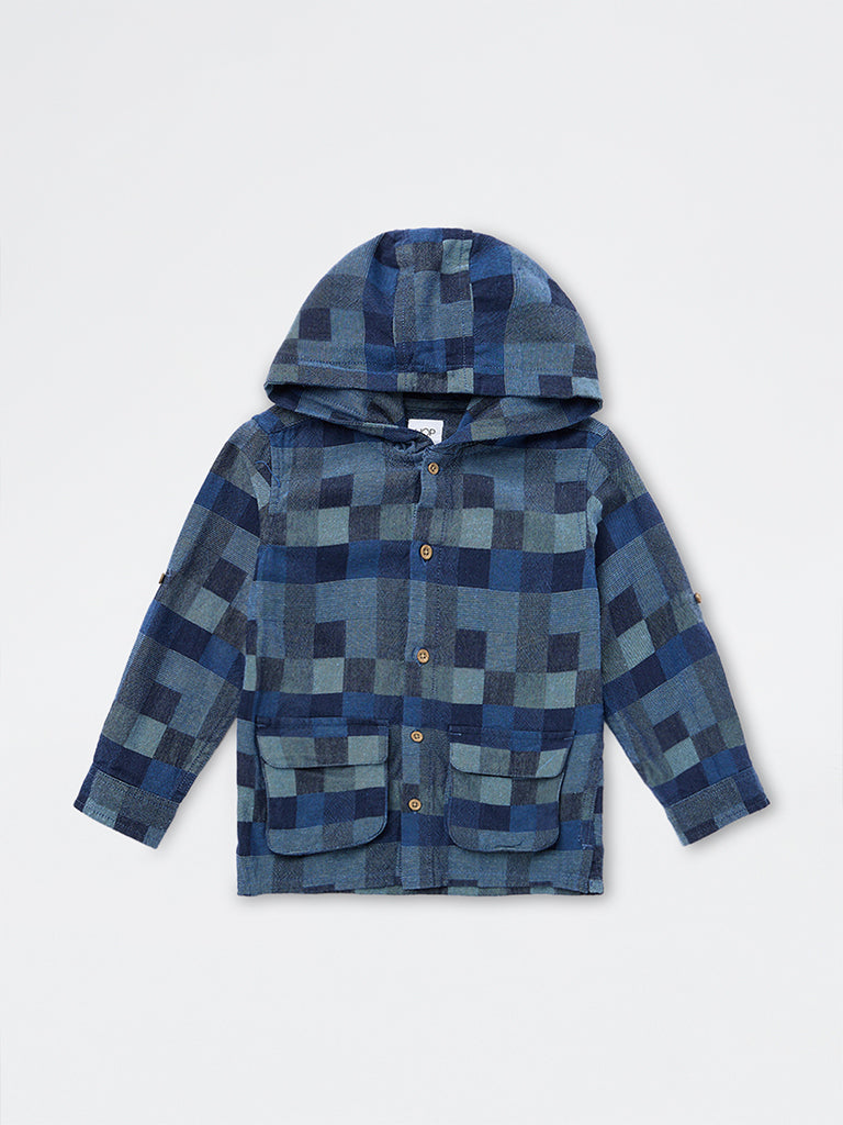 HOP Kids Boys Blue Checkered Hooded Cotton Shirt