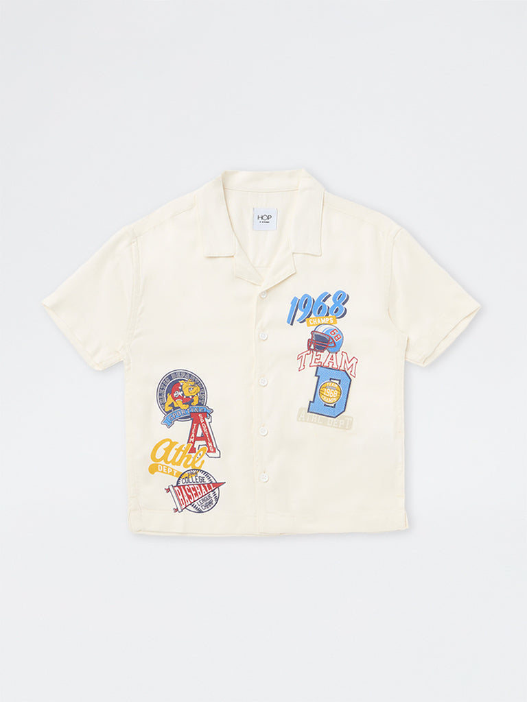 HOP Kids Boys Ivory Baseball-Theme Resort-Fit Shirt