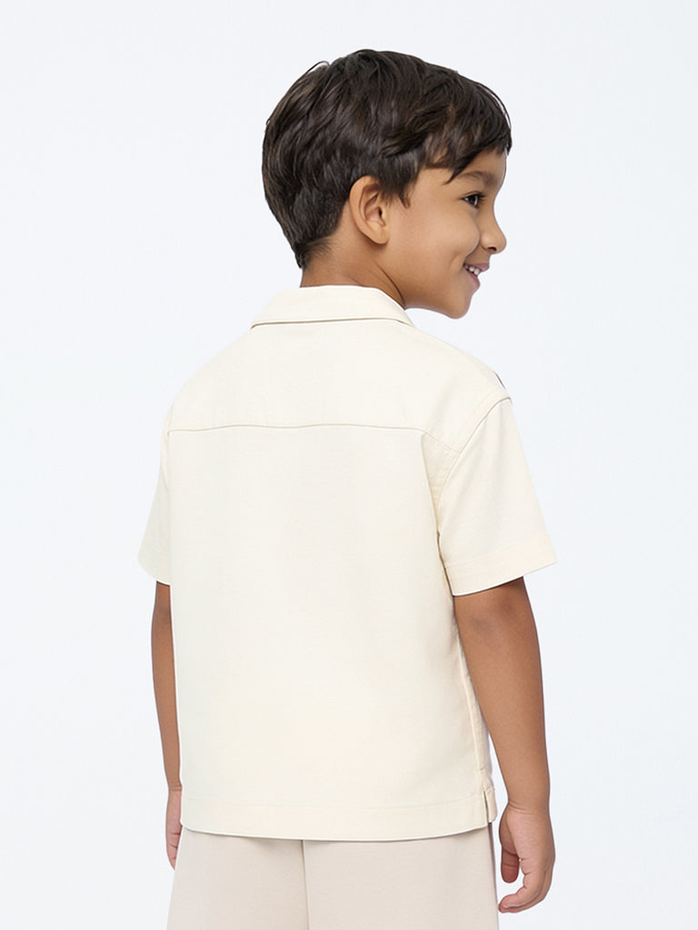 HOP Kids Boys Ivory Baseball-Theme Resort-Fit Shirt