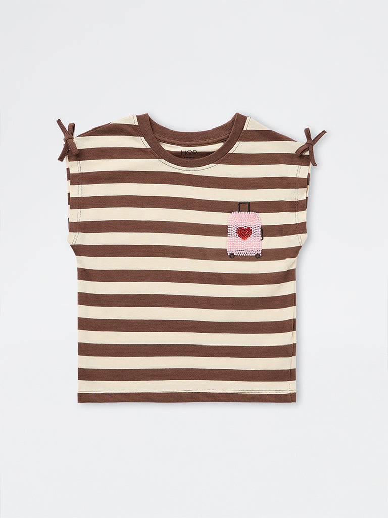 HOP Kids Girls Dark Brown Striped Cotton Top