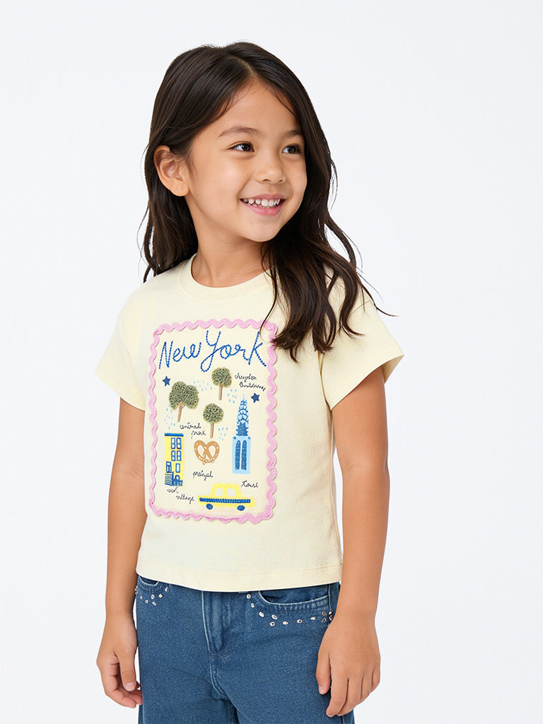 HOP Kids Girls Beige Cityscape Design Cotton T-Shirt